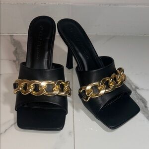 Wild Diva Black Heeled Mules with Gold Chain Accent